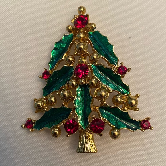 Vintage Set/2  LIA Christmas Tree Brooches Signed Green Enamel and Rhinestones - Picture 6 of 10